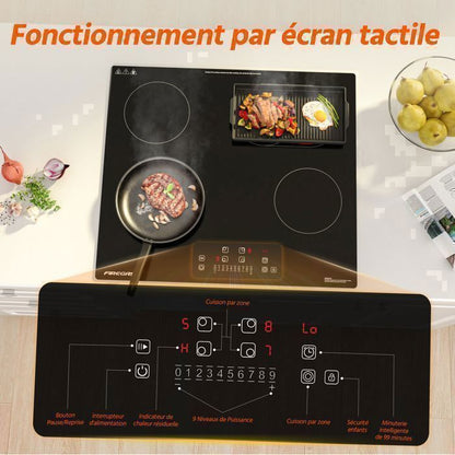 Plaque de Cuisson Vitrocéramique FIREGAS - 4 zones 7200W - L59 x P52 cm - Noir