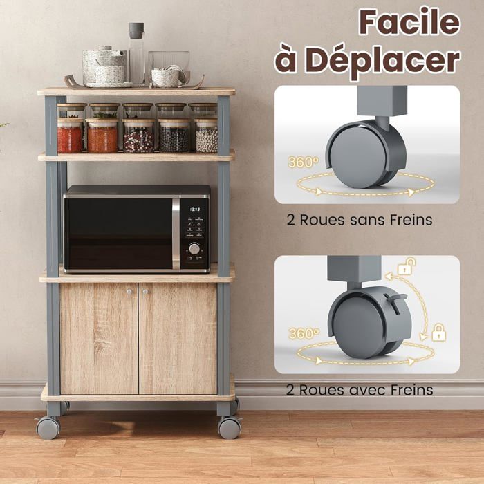 Meuble pour Micro Onde Étagère de Cuisine pour Four en Bois avec 3 Couches Roues 60 x 40 x 98 CM Noir