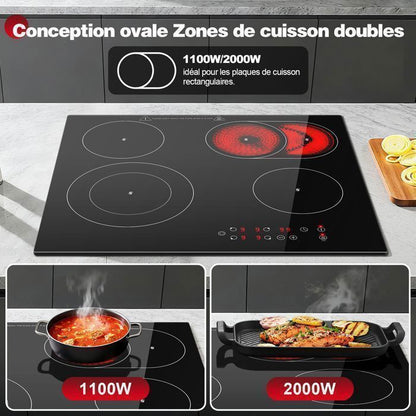 Plaque Vitrocéramique 4 Feux Encastrable,Sndoas 60cm Table de Cuisson,9 Niveaux de Puissance, Minuteur Intégré,6700W