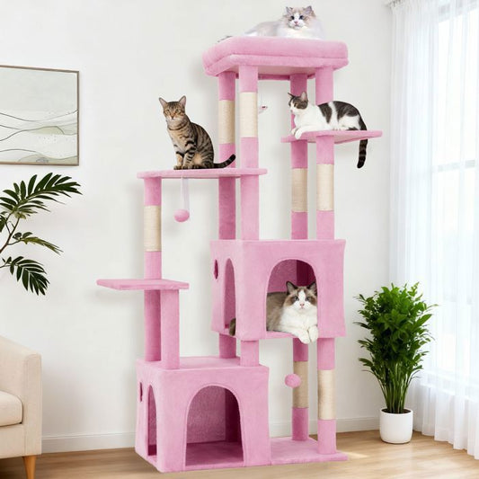 Arbre à chat multiniveau - GARVEE - avec griffoir, plateforme, jouets suspendus intégrés et 2 cabanes, Hauteur 155 cm - Rose