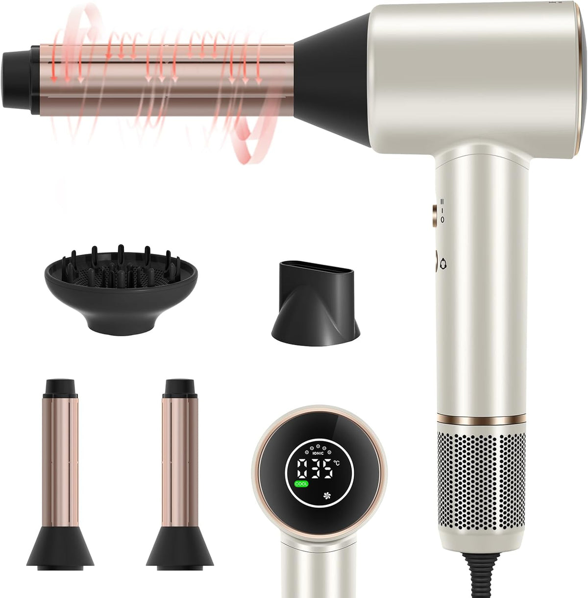 Sèche-cheveux Air-Sonic, PARWIN PRO BEAUTY HD-LED Seche Cheveux Professionnel avec 110,000RPM Moteur silencieux sans balais, 2x 32MM Air Auto-curler(Bleu de Prusse)