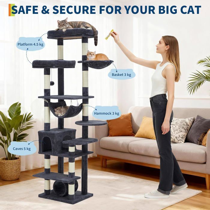 Arbre à Chat 2 en 1+ Enceinte de Litière Cachée - Meuble Chat Multiniveaux, Poteaux à Gratter, Boules Suspendues, Armoire - Gris