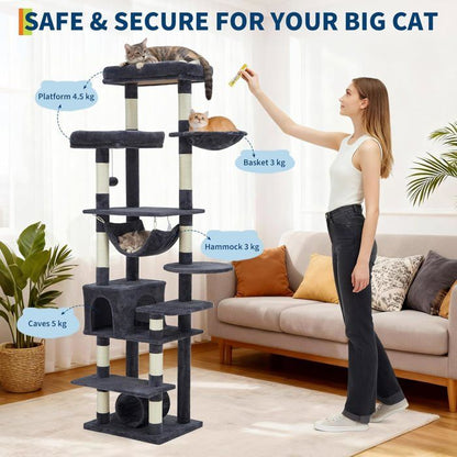 Arbre à Chat 2 en 1+ Enceinte de Litière Cachée - Meuble Chat Multiniveaux, Poteaux à Gratter, Boules Suspendues, Armoire - Gris
