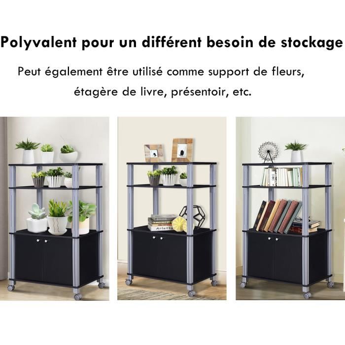Meuble pour Micro Onde Étagère de Cuisine pour Four en Bois avec 3 Couches Roues 60 x 40 x 98 CM Noir