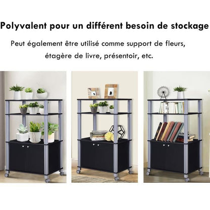 Meuble pour Micro Onde Étagère de Cuisine pour Four en Bois avec 3 Couches Roues 60 x 40 x 98 CM Noir
