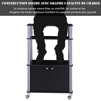 Meuble pour Micro Onde Étagère de Cuisine pour Four en Bois avec 3 Couches Roues 60 x 40 x 98 CM Noir
