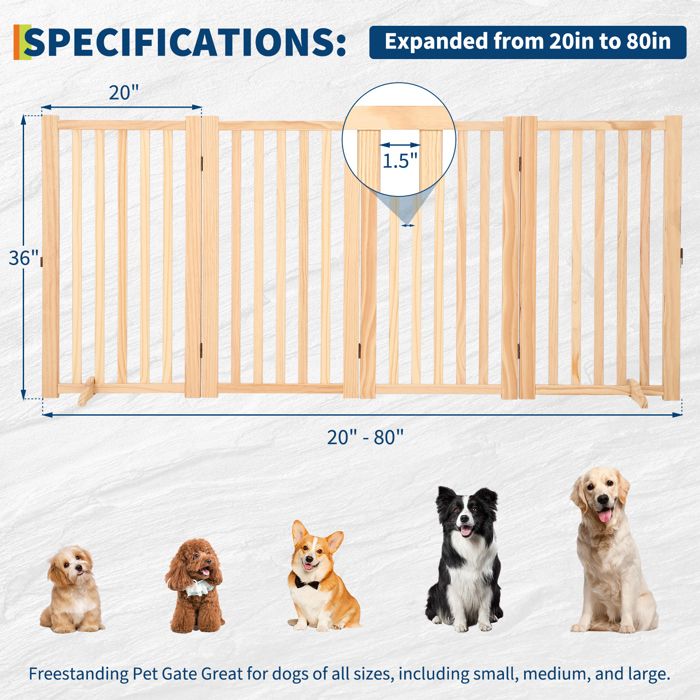 Barrière pour chien autoportante en bois massif, 4 panneaux pliables, tapis antidérapants, Sans peinture, 203*1.8*90 cm