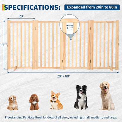Barrière pour chien autoportante en bois massif, 4 panneaux pliables, tapis antidérapants, Sans peinture, 203*1.8*90 cm