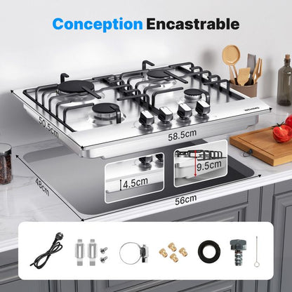 Plaque de Cuisson Gaz - WEHIMO - 5 Feux - Inox - Encastrable - 76x50 cm