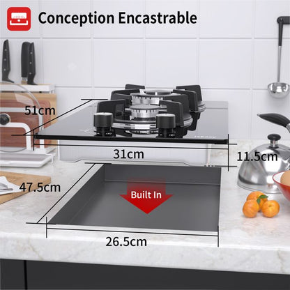 Plaque à Gaz - ISEASY - 5 Brûleurs - Verre Trempé - Encastrable - Gaz Naturel/Propane/Butane