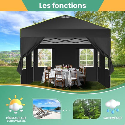 Tonnelle de Jardin Exterieur ImperméAble Tente De Reception Avec 4 Panneaux LatéRaux,Uv 50+ -Noir