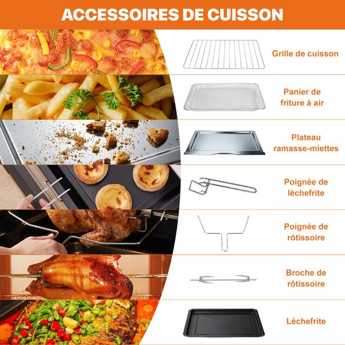 Four électrique à convection, 46L avec Tournebroche, 6 modes de cuisson, Lèchefrite avec pince, Grille de cuisson - Noir/Inox