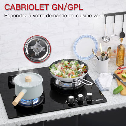 Plaque gaz encastrable - ISEASY - 4 feux 60 cm - Verre trempé - Supports fonte - Compatible NG/GPL