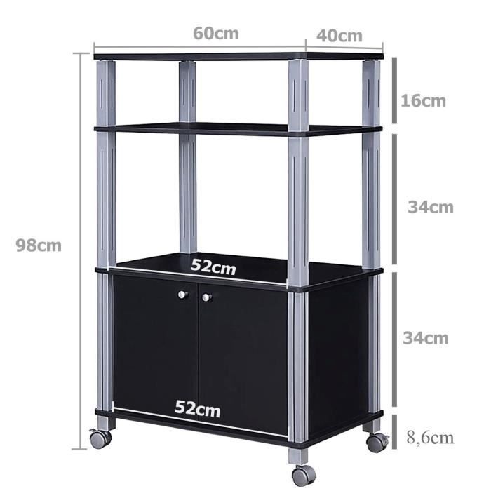 Meuble pour Micro Onde Étagère de Cuisine pour Four en Bois avec 3 Couches Roues 60 x 40 x 98 CM Noir