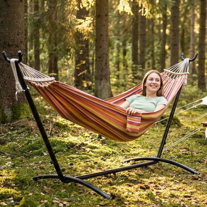 Mondeer Hamac sur Pied Double avec Support,Cadre Robuste Réglable 6Positions,Charge Max 270kg pour Jardin/Camping/Voyage,Multicolore