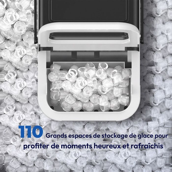 Machine à glaçons noire portable 12kg/24h, réservoir 1.4L, 9 glaçons en 6min, fonction autonettoyante, bruit inférieur 40dB