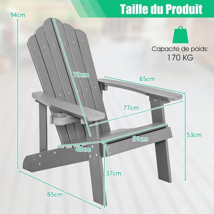 COSTWAY Fauteuil de Jardin Adirondack en HIPS Bois Massif Imperméable avec Porte-Gobelet Charge 170KG pour Piscine Terrasse, Noir