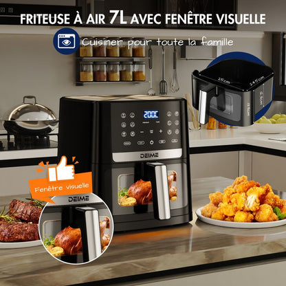 DEIME Air Fryer 5L+5L - Friteuse sans huile Capacité 10L - 8 Préprogrammes - 2400W - Séparateur amovible - Fenêtre - Noir