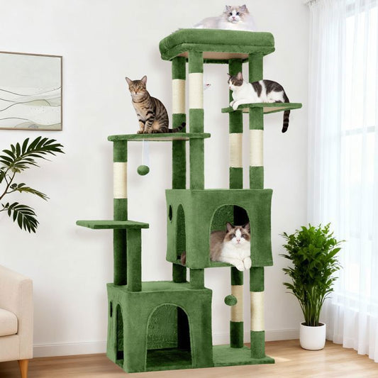 Arbre à chat multiniveau - GARVEE - avec griffoir, plateforme, jouets suspendus intégrés et 2 cabanes, Hauteur 155 cm - Vert