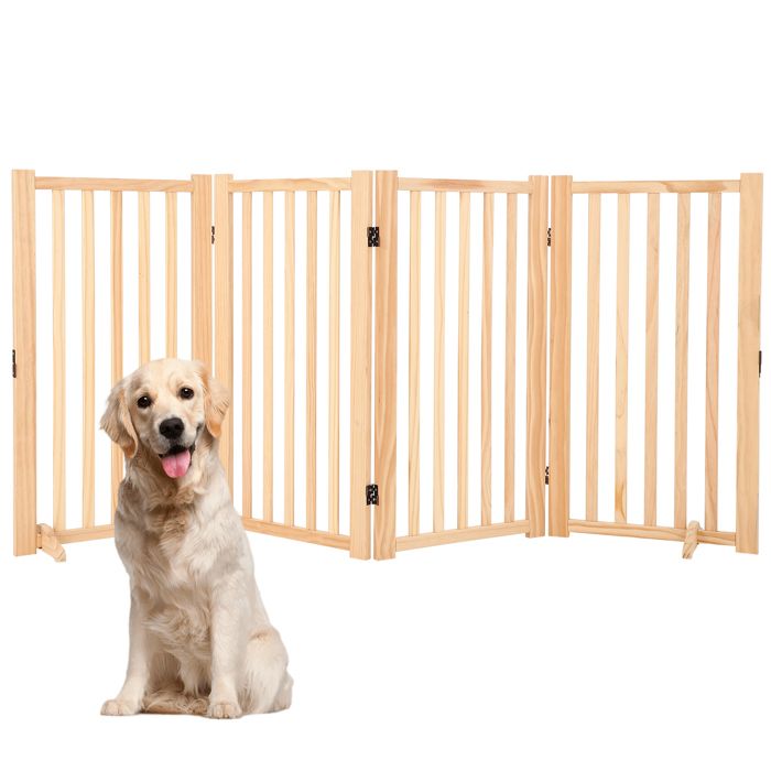 Barrière pour chien autoportante en bois massif, 4 panneaux pliables, tapis antidérapants, Sans peinture, 203*1.8*90 cm