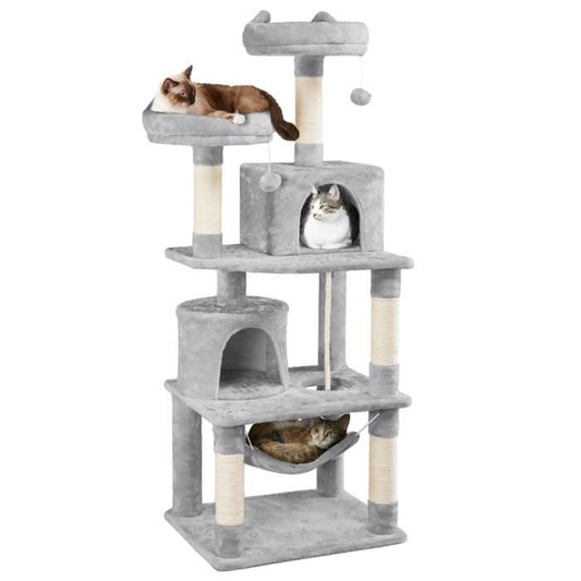 Arbre à Chat - YAHEETECH - 61 x 49,5 x 145 cm - Gris Clair - 2 Niches - 2 Perchoirs - 2 Boules de Peluche