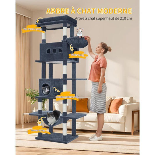 210 cm Grand Arbre à Chat, Tour à Chat pour Chats d'intérieur, avec Grand Perchoir, Tapis Lavable, 2 Niches Chats, Gris Foncé
