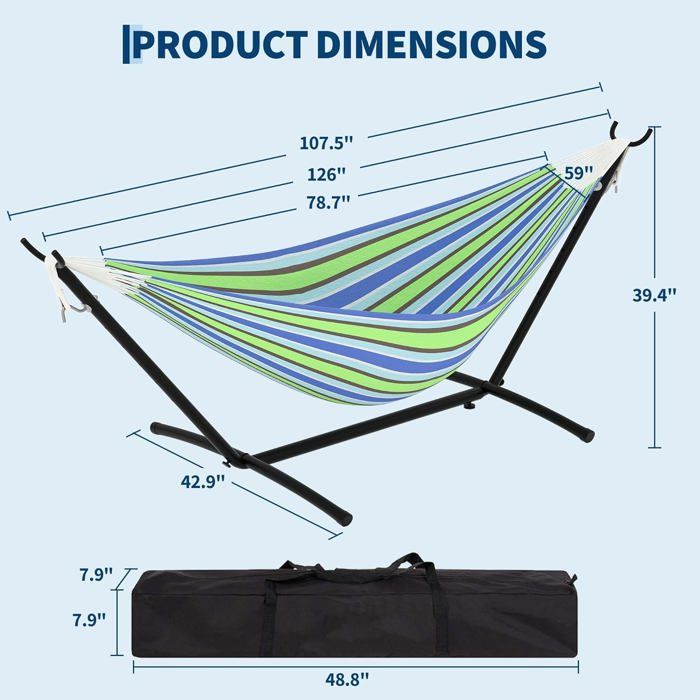 Hamac Double 12FT avec Support en Acier - Toile Matelassée 450LB - Barre en Bois Dur - Sac de Transport Inclus - Beige