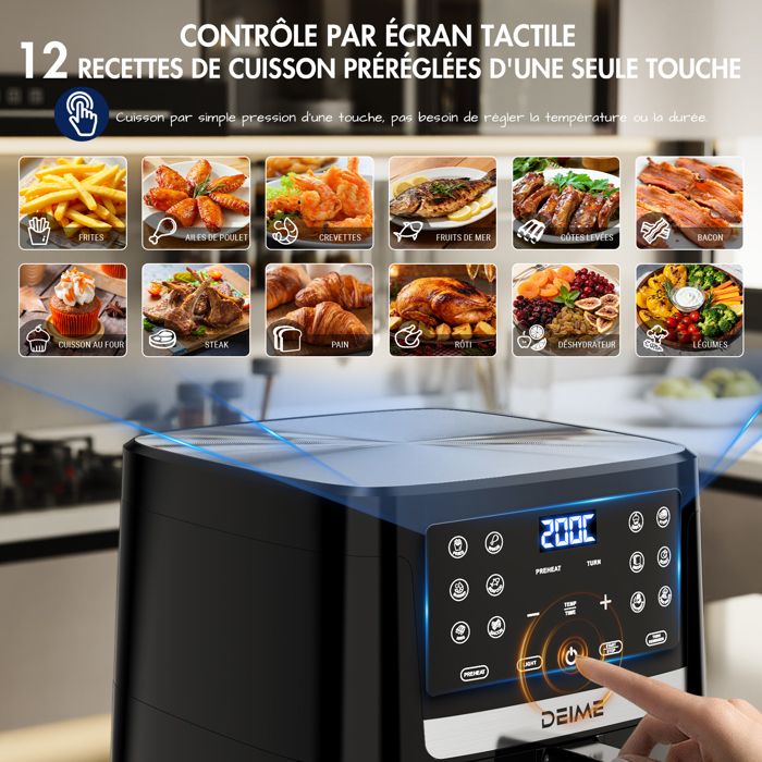DEIME Air Fryer 5L+5L - Friteuse sans huile Capacité 10L - 8 Préprogrammes - 2400W - Séparateur amovible - Fenêtre - Noir