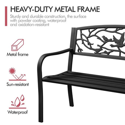 Yaheetech Banc de Jardin en Métal Banc Extérieur avec Dossier à Motif d'oiseau Siège à Lattes 127 x 63 x 86 cm