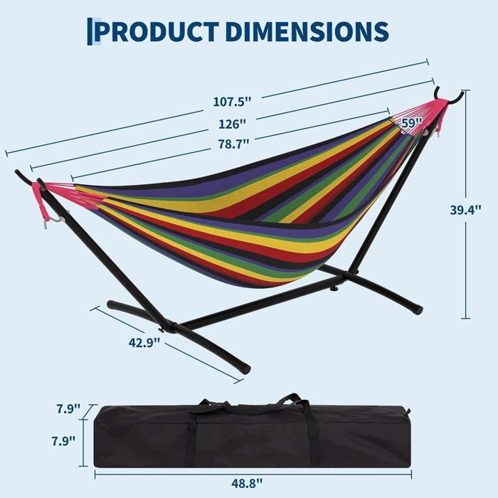 Hamac Double 12FT avec Support en Acier - Toile Matelassée 450LB - Barre en Bois Dur - Sac de Transport Inclus - Beige