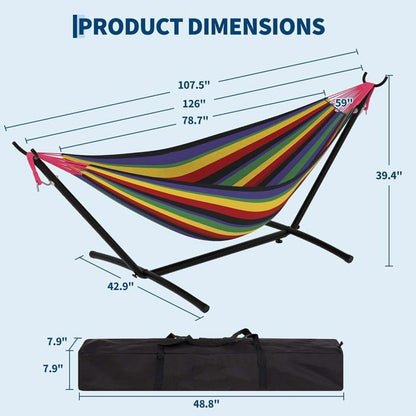 Hamac Double 12FT avec Support en Acier - Toile Matelassée 450LB - Barre en Bois Dur - Sac de Transport Inclus - Beige