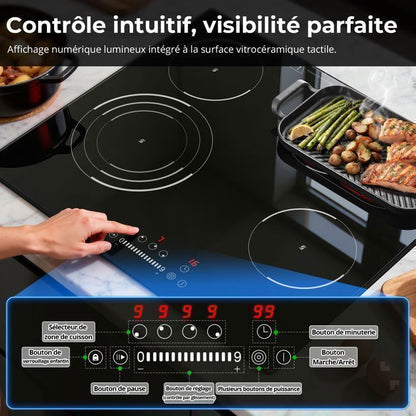 Plaque Vitrocéramique 4 Feux Encastrable,Sndoas 60cm Table de Cuisson,9 Niveaux de Puissance, Minuteur Intégré,6700W