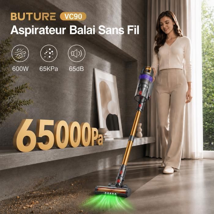 BUTURE VC100 Aspirateur Balai sans Fil - 48 kPa/500W - Filtration Efficace-Anti Emmêlement - Autonomie 55 min - Batterie Amovible