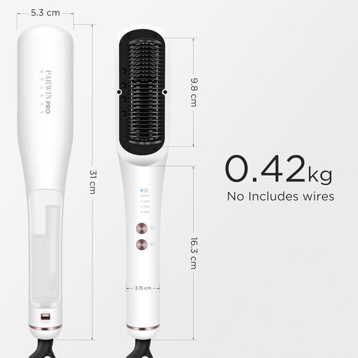 Brosse Lissante à Vapeur Pro, PARWIN PRO BEAUTY, Affichage LED, Ions & Vapeur pour Soin Double, 4 Réglages de Température – Blanc
