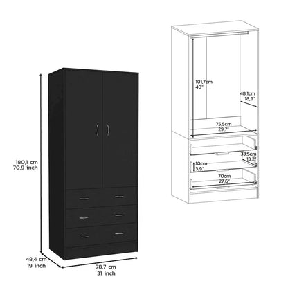 19  Modern Double-door Armoire with 3 Drawers and 1 Hanging Rod for Bedroom