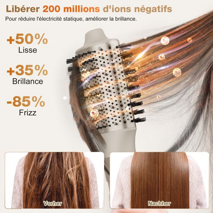 Brosse soufflante haute vitesse - MCURO - 6 en 1 1500W - 3 Vitesses & 3 Températures - Thermostat intelligent - Soin Cheveux - Gris