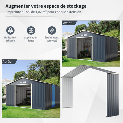 Abri de Jardin en Métal & Extension 10.85㎡ avec 2 Portes Coulissantes Verrouillables 4 Trous d’Aération Gris pour Vélo
