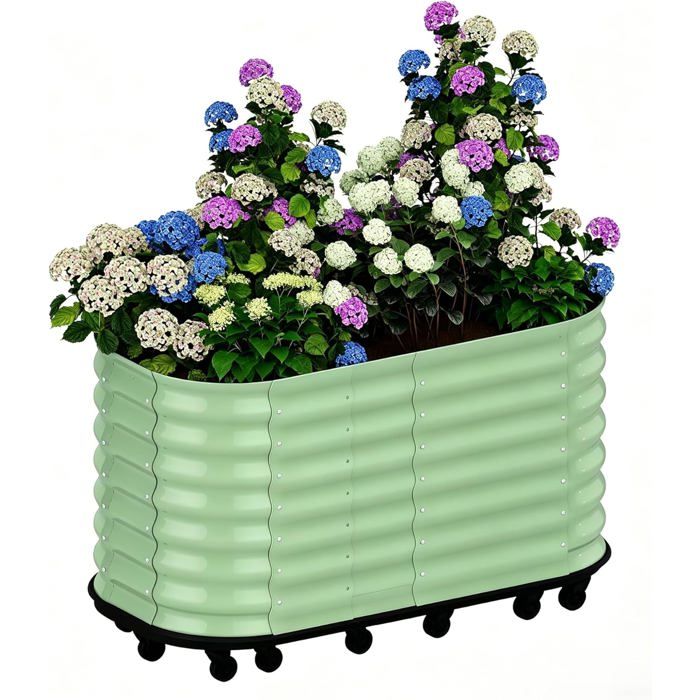 Bac Potager Surélevé sur roulettes 60x60x70 cm, Carré Potager Métal blanc avec réserve d'eau et freins, Jardinière auto-arrosante