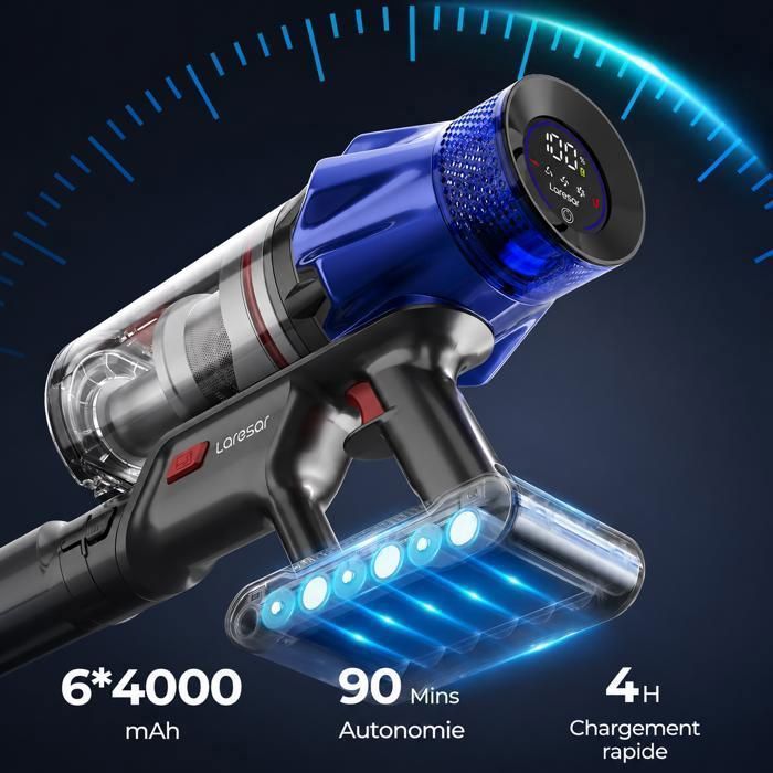 Laresar Aspirateur Balai sans Fil, 65KPa/600W/70 Mins,Tuyau Extensible 1M, Parfumé, Chargement Mural, Poils d'Animaux/Tapis/Voiture