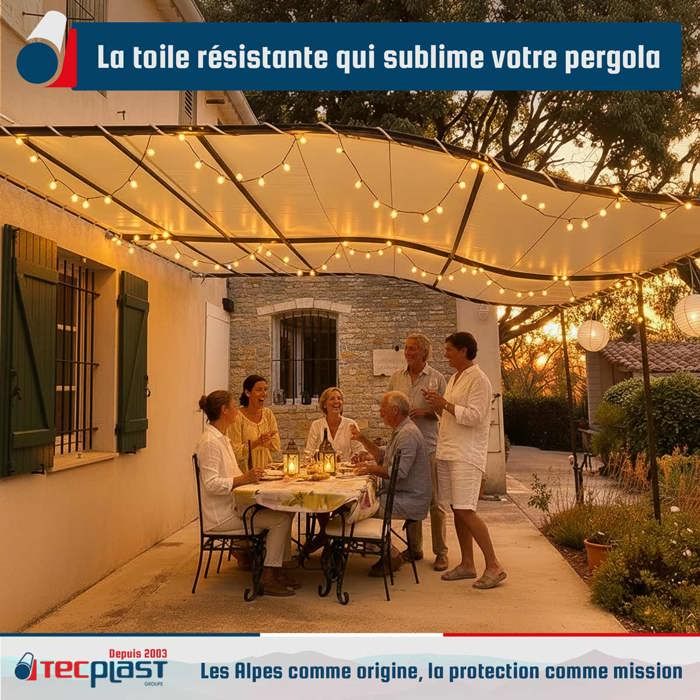 TECPLAST Pack Toile Pergola Blanc Crème 3x4 m + Sandow Noir 20m - Bâche Pergola prête à poser LP506PR Garantie 5 ans