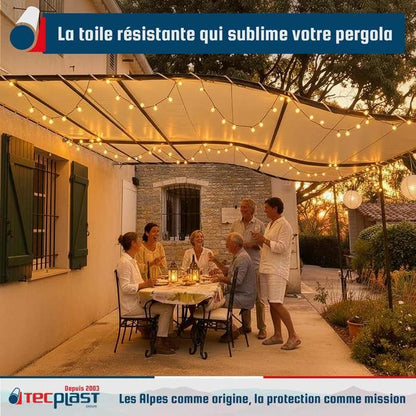 TECPLAST Pack Toile Pergola Blanc Crème 3x4 m + Sandow Noir 20m - Bâche Pergola prête à poser LP506PR Garantie 5 ans