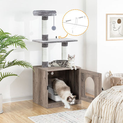 Arbre à Chat avec Maison de Litière pour Chat-HOOBRO-Maison pour Chat en Bois avec Tour à Chat-60 x 45 x 151 cm-Grège