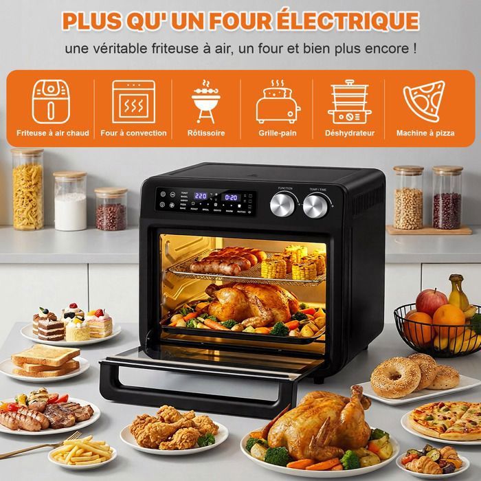 Four électrique à convection, 46L avec Tournebroche, 6 modes de cuisson, Lèchefrite avec pince, Grille de cuisson - Noir/Inox