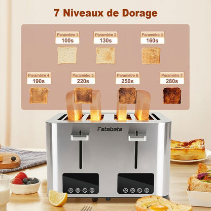 Grille-pain FATABETA 3015LA - 1500W - 4 Fentes Extra Larges - 7 Niveaux de Dorage - 2 Commandes indépendantes -Avec Support amovible