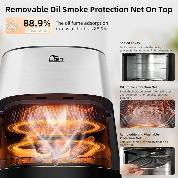 UTEN Air Fryer Sans Huile 5.5L 2000W,Friteuse à Air avec Écran Tactile LED,14 Programmes et Fenêtre Visible,Cuisson Rapide et Saine