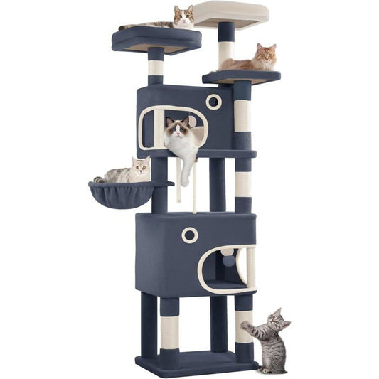 Arbre à Chat Hauteur 180 cm, Tour de Jeux pour Chat avec 8 Griffoirs, 3 Plateformes, 2 Niches, Panier, Pompons, Gris Foncé