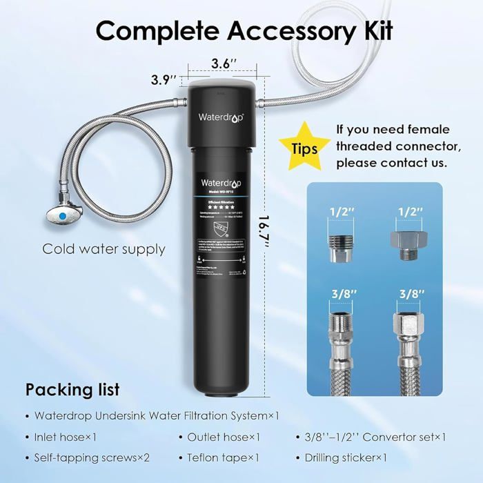Waterdrop 10UB Système de Filtre à Eau Sous Évier avec Robinet Dédié, 11K Gallons de Filtration D'eau de Grande Capacité