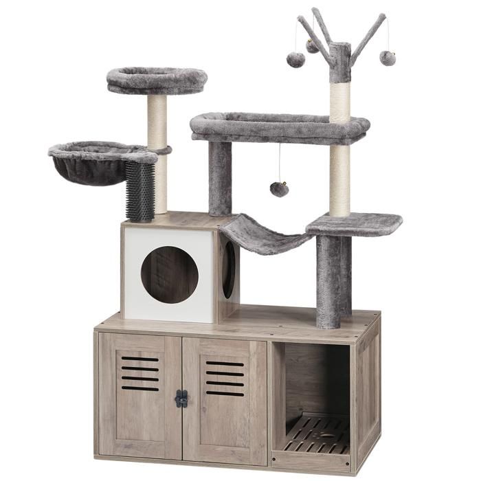 Arbre à Chat avec Maison de Litière pour Chat-HOOBRO-Maison pour Chat en Bois avec Tour à Chat-60 x 45 x 151 cm-Grège