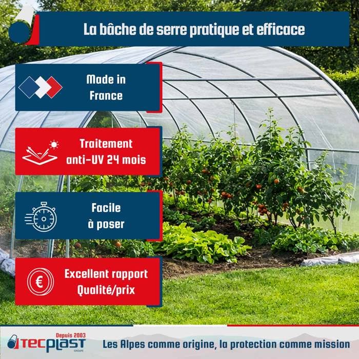 TECPLAST Bâche Serre 6x4 m 200SE - Film plastique transparent pour serre de jardin - Haute Performance - Made in France