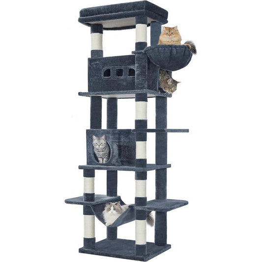 210 cm Grand Arbre à Chat, Tour à Chat pour Chats d'intérieur, avec Grand Perchoir, Tapis Lavable, 2 Niches Chats, Gris Foncé